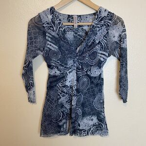 Lucy Fiona S Top Blouse Mesh Flora Y2K Twist Front Nylon 3/4 Sleeve Art To Wear